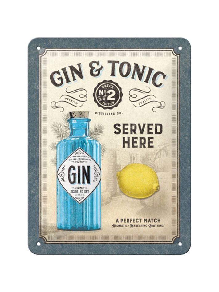 Plechová cedule: Gin & Tonic Served Here - 15x20 cm