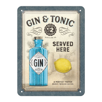 Plechová cedule: Gin & Tonic Served Here - 15x20 cm