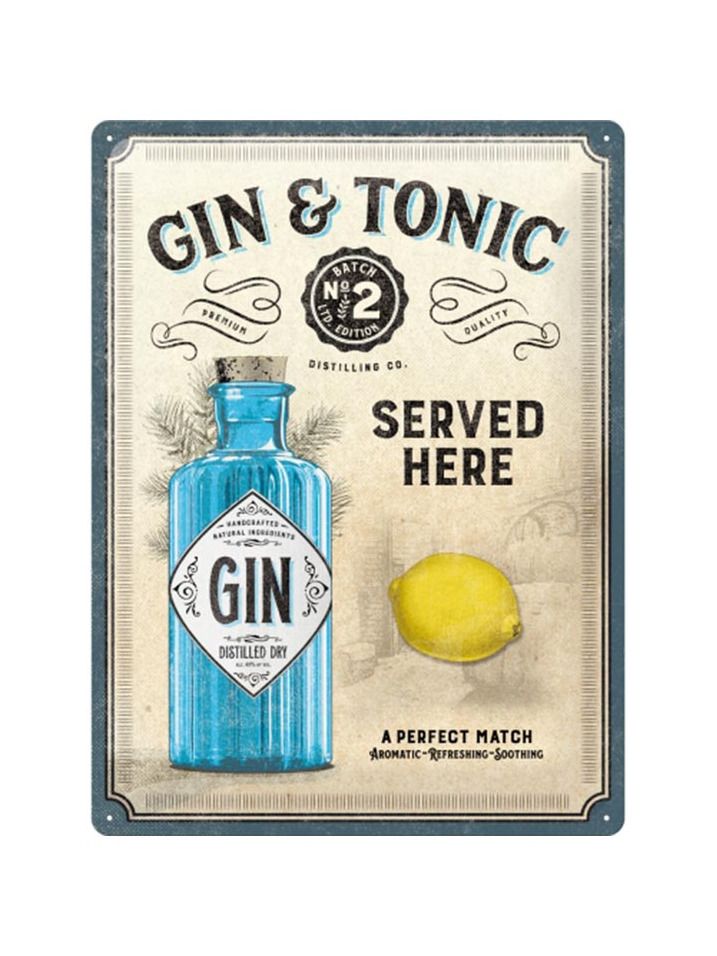 Plechová cedule: Gin & Tonic Served Here - 40x30 cm