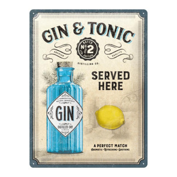 Plechová cedule: Gin & Tonic Served Here - 40x30 cm