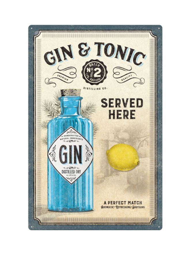 Plechová cedule: Gin & Tonic Served Here - 40x60 cm