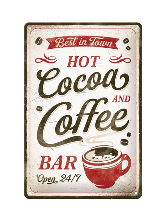 Plechová cedule: Hot Cocoa and Coffee - 20x30 cm