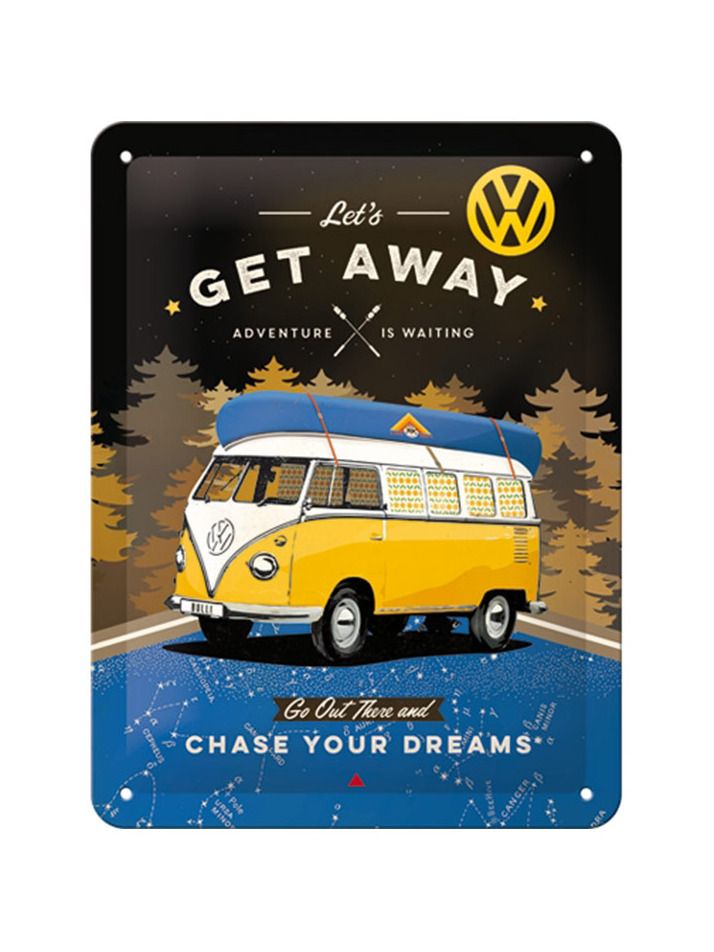 Plechová cedule: VW Bulli Let's Get Away (Night) - 15x20 cm