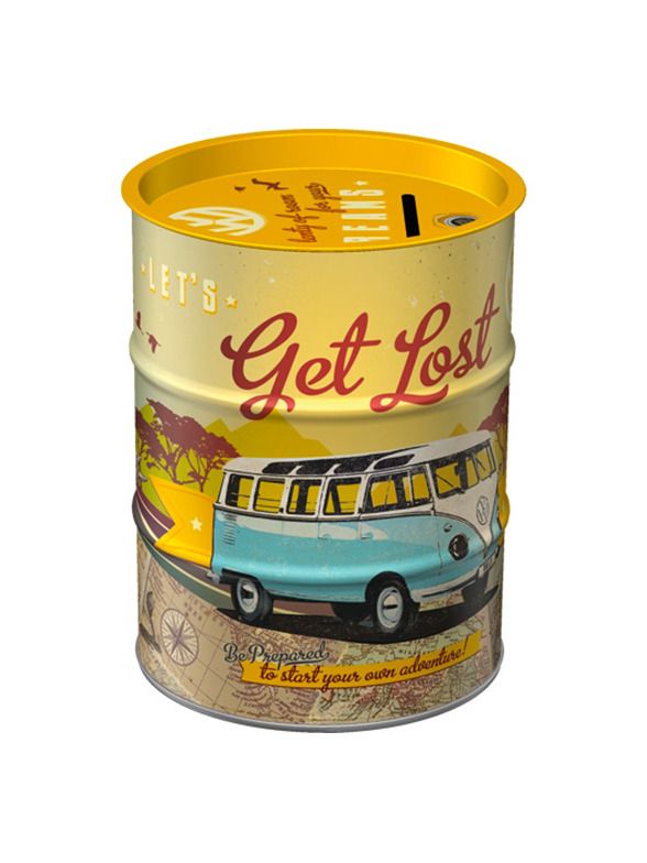 Plechová kasička barel: VW Bulli Let's Get Lost