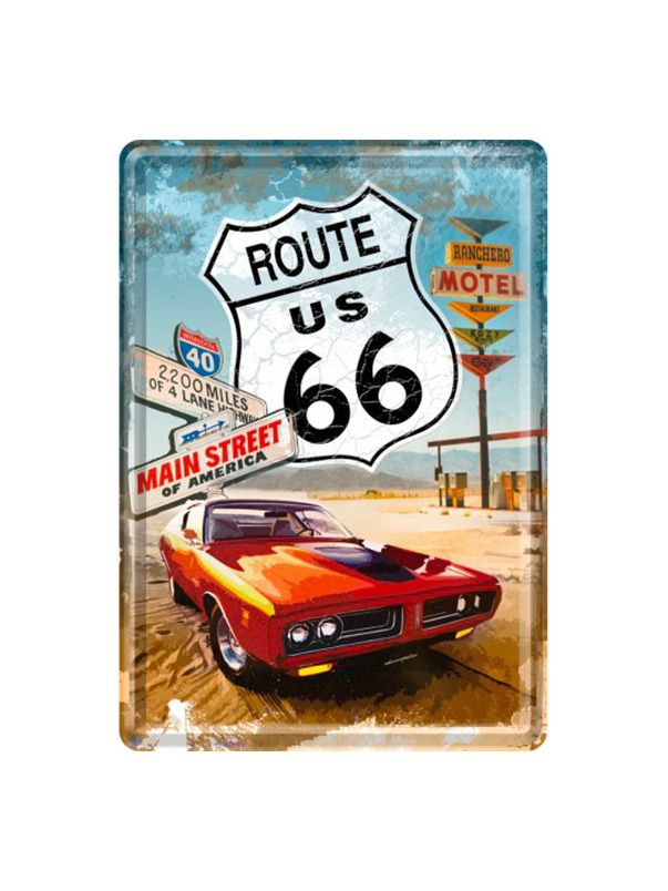 Plechová pohlednice - Route 66 (Red car)