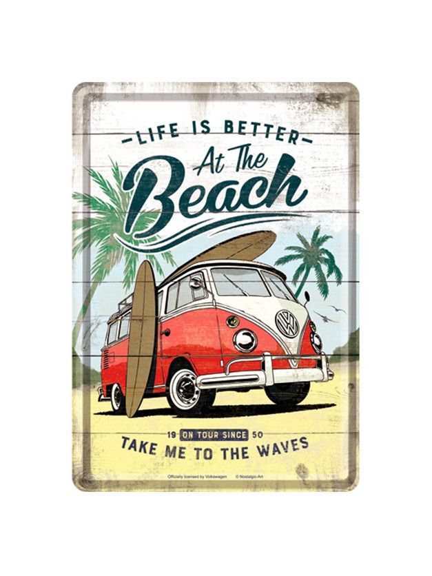 Plechová pohlednice - VW Bulli Life is Better at the Beach