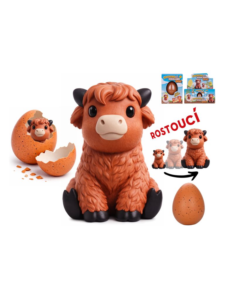 Highland cow líhnoucí a rostoucí v krabičce